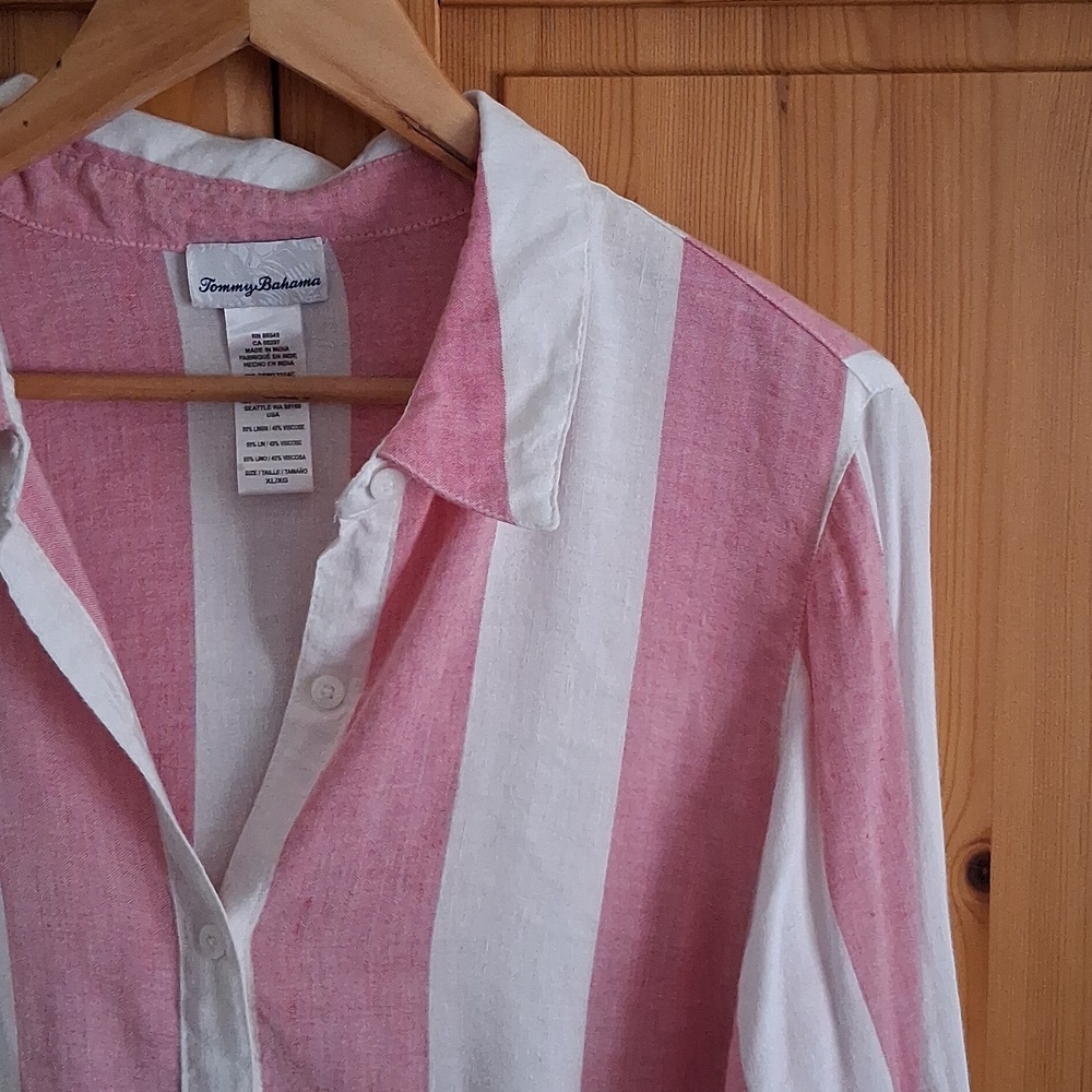 Tommy Bahama Pink White Stripe Linen Blend Preppy Boyfriend Shirt Dress Size XL - Picture 3 of 10